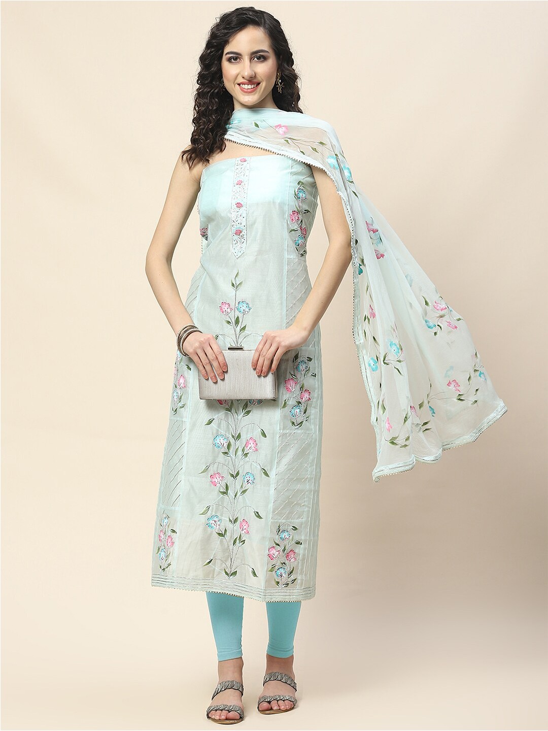 

Meena Bazaar Floral Printed Art Silk Unstitched Dress Material, Sea green