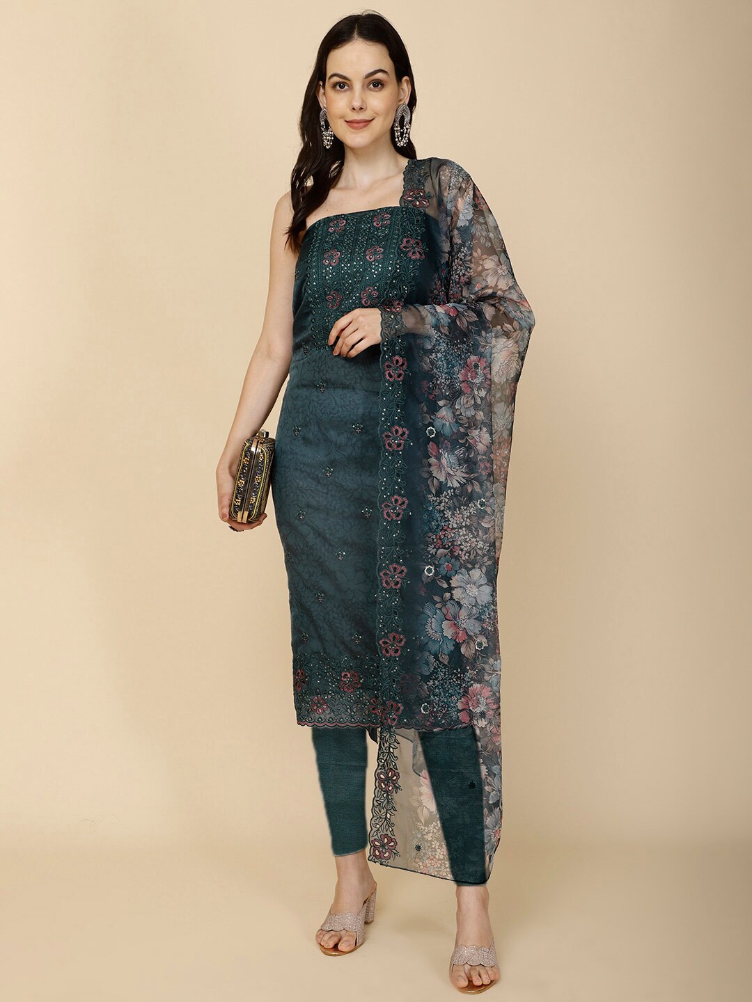 

Meena Bazaar Printed Organza Unstitched Dress Material, Teal