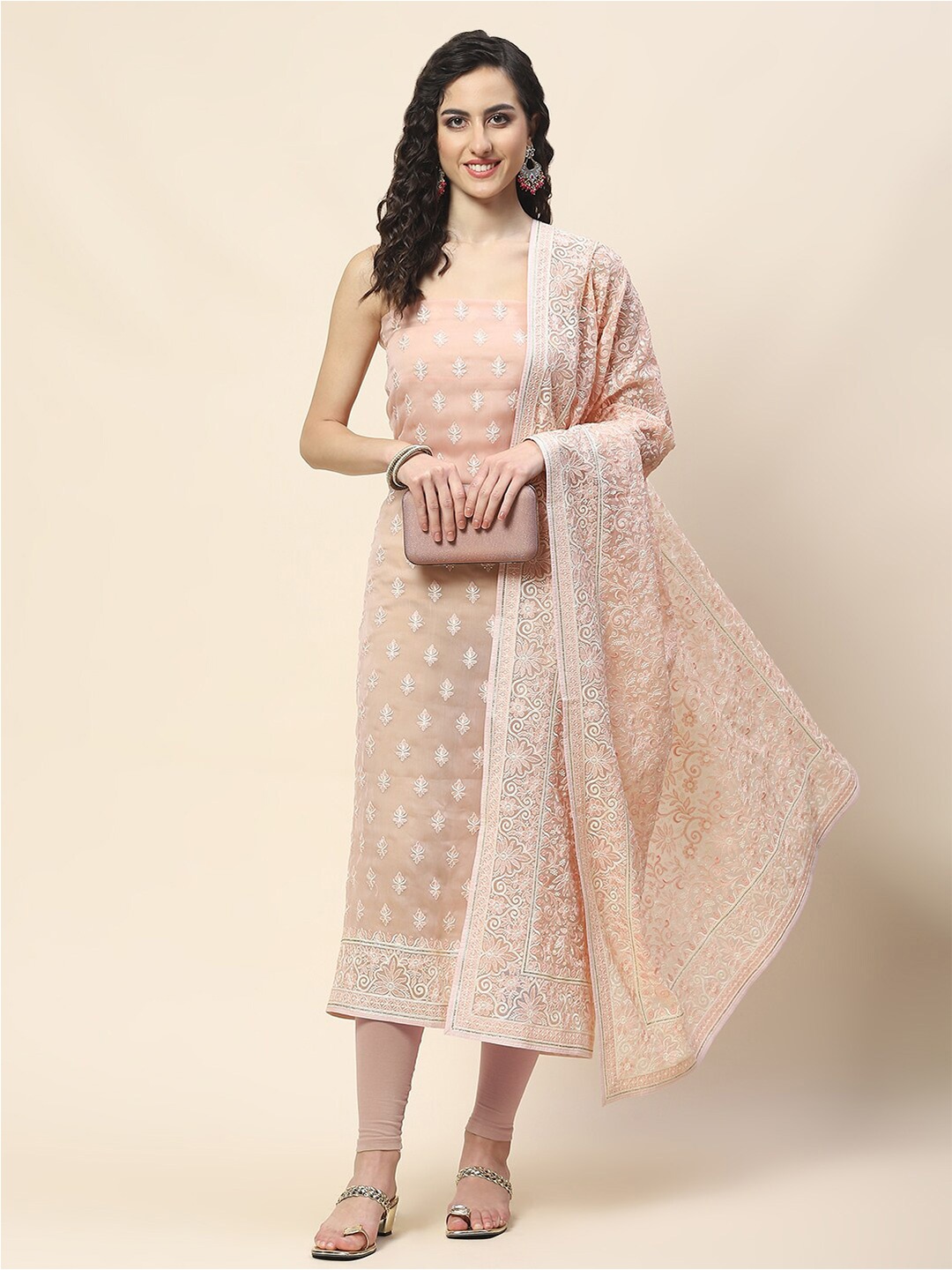 

Meena Bazaar Floral Embroidered Unstitched Dress Material, Peach