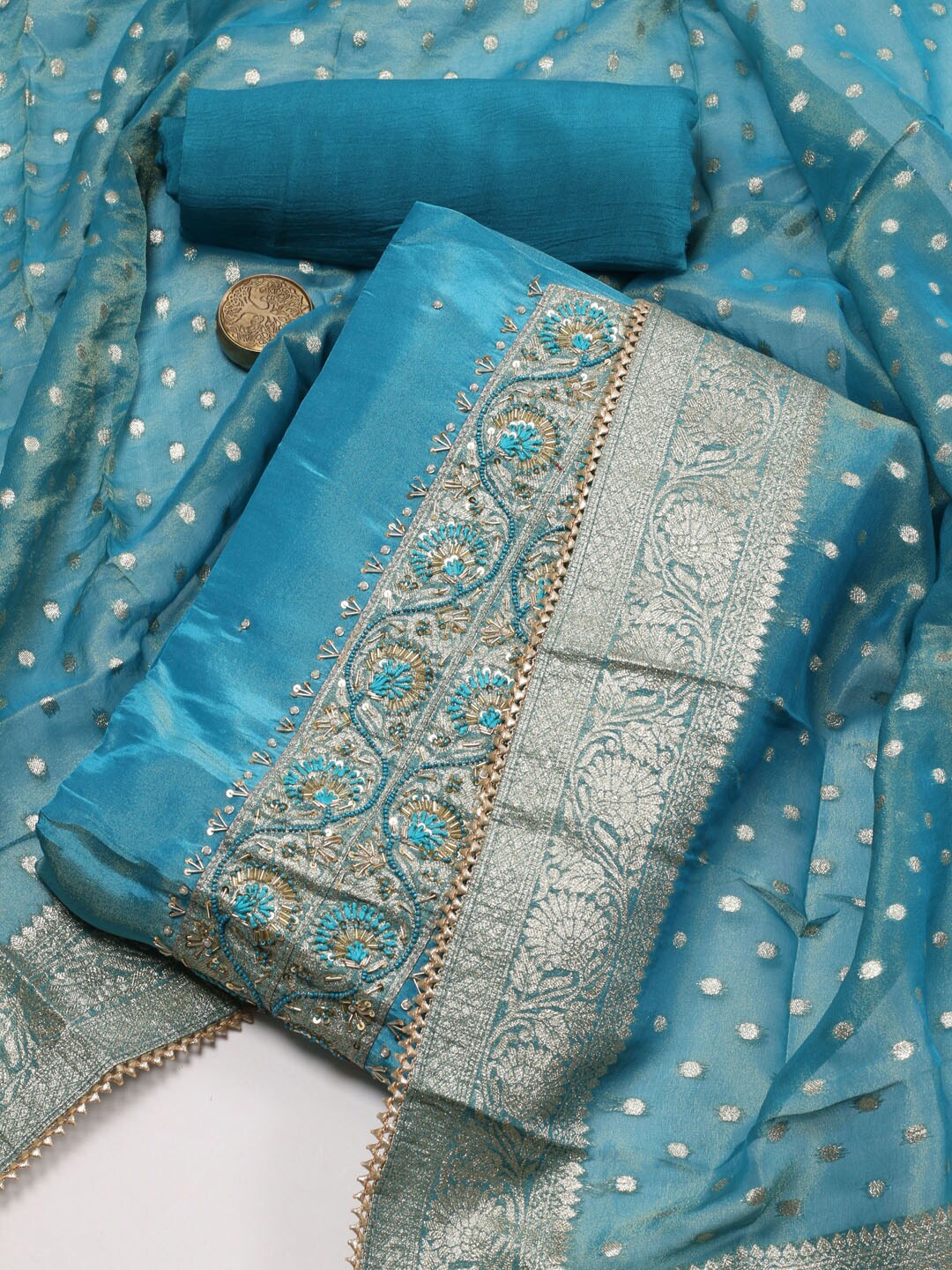 

Meena Bazaar Floral Embroidered Sequinned Unstitched Dress Material, Blue