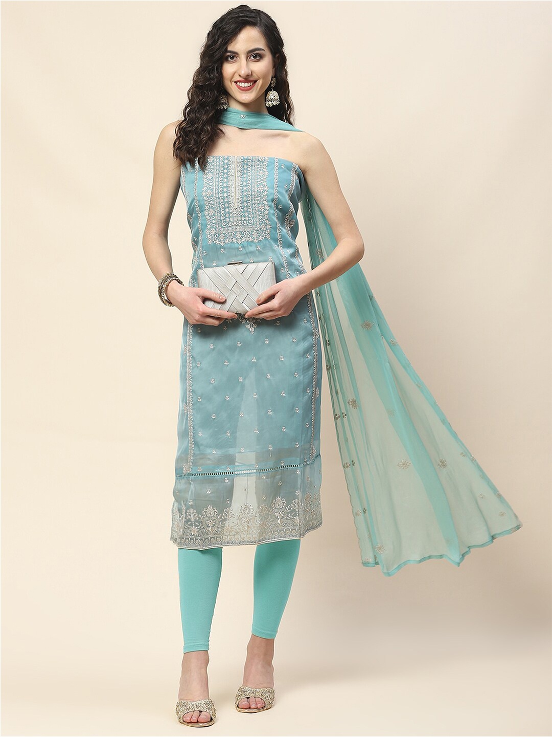 

Meena Bazaar Floral Embroidered Organza Unstitched Dress Material, Blue