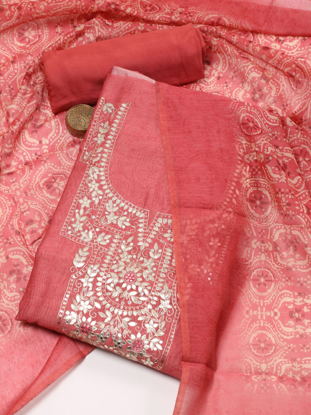 

Meena Bazaar Ethnic Motifs Embroidered Sequinned Unstitched Dress Material, Peach