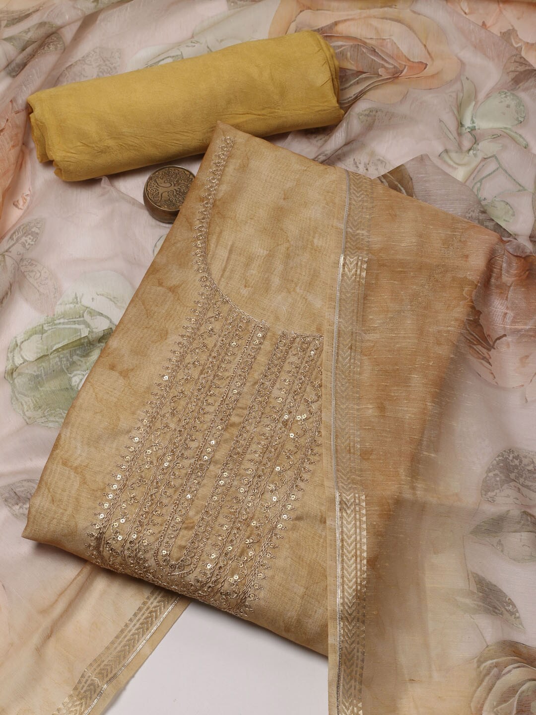 

Meena Bazaar Printed Art Silk Unstitched Dress Material, Mustard