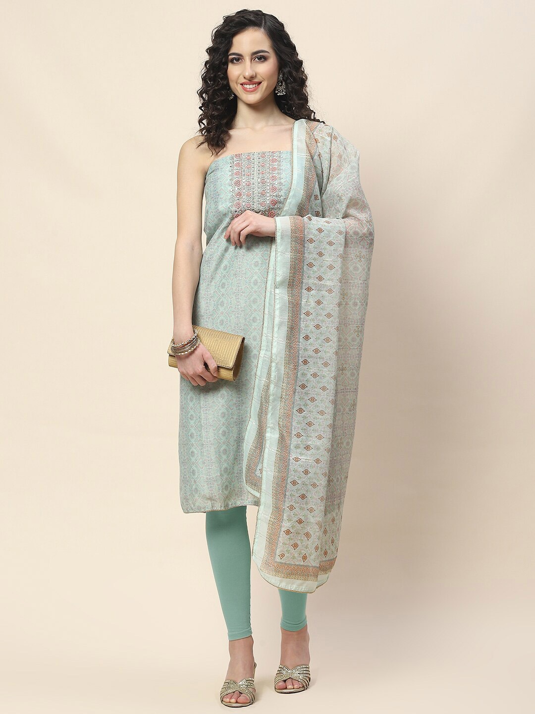 

Meena Bazaar Printed Art Silk Unstitched Dress Material, Sea green