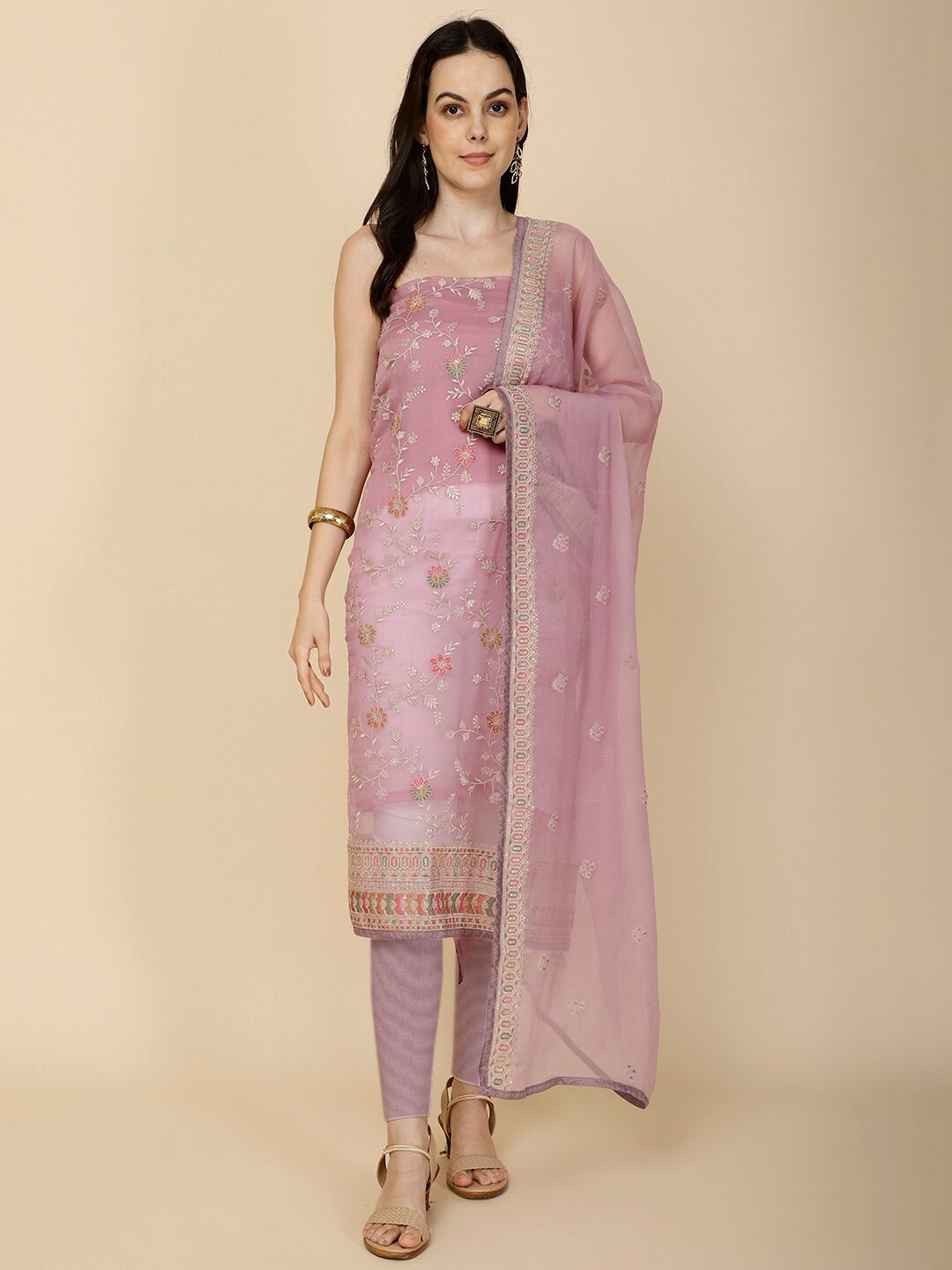 

Meena Bazaar Embroidered Organza Unstitched Dress Material, Lavender
