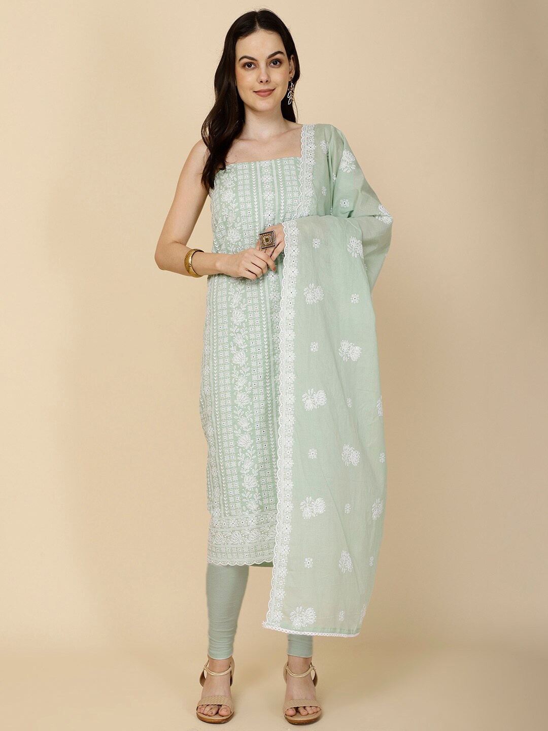 

Meena Bazaar Floral Embroidered Sequinned Unstitched Dress Material, Sea green