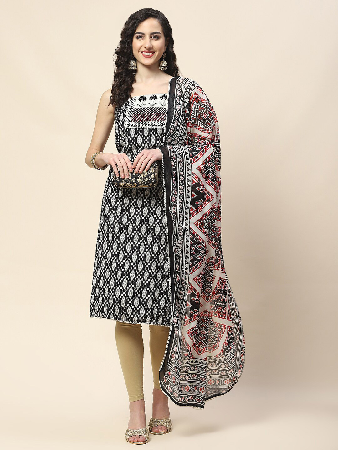 

Meena Bazaar Cotton Mirror Work Printed Unstitched Dress Material, Black