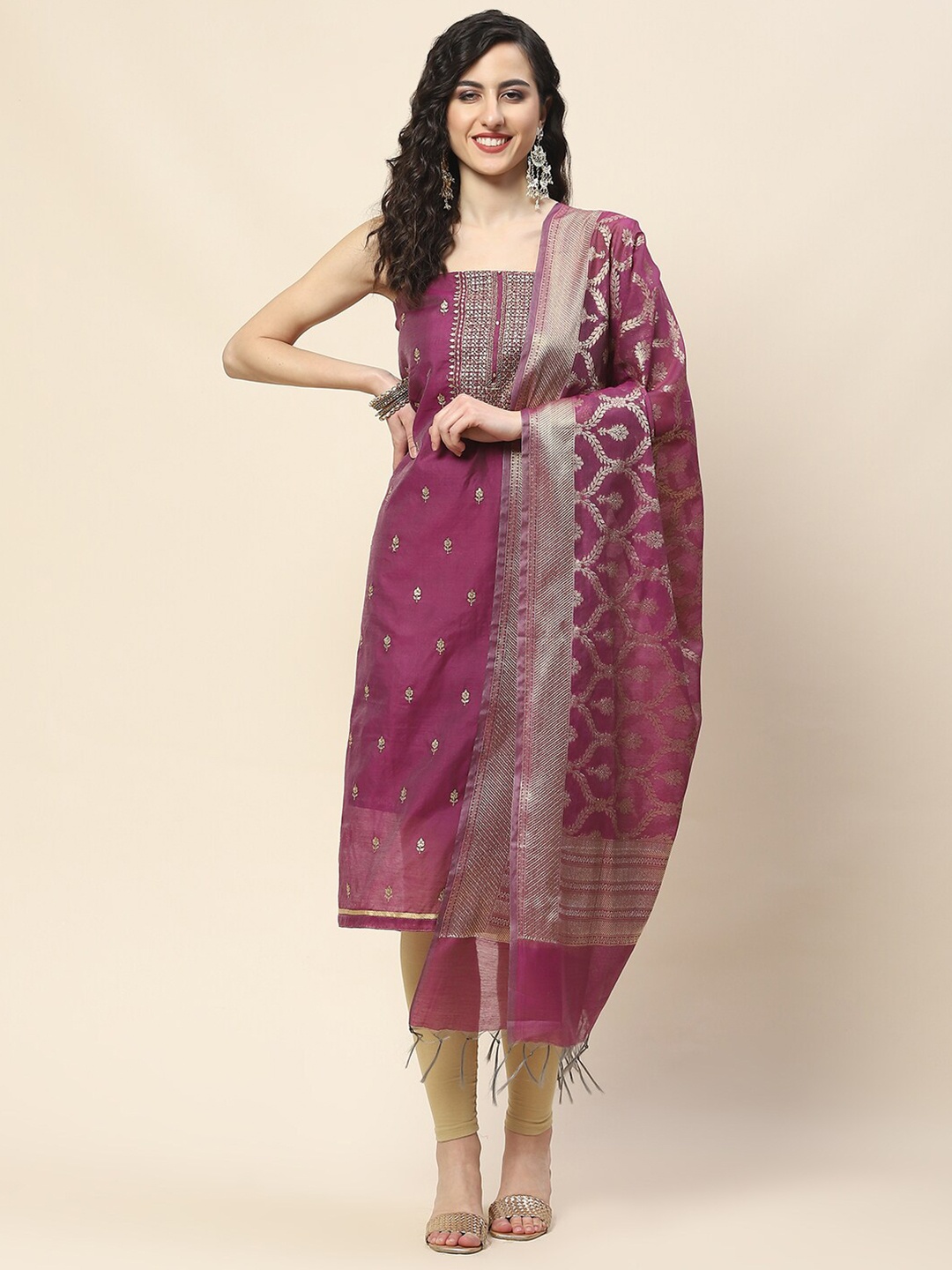 

Meena Bazaar Ethnic Motifs Embroidered Sequinned Unstitched Dress Material, Purple