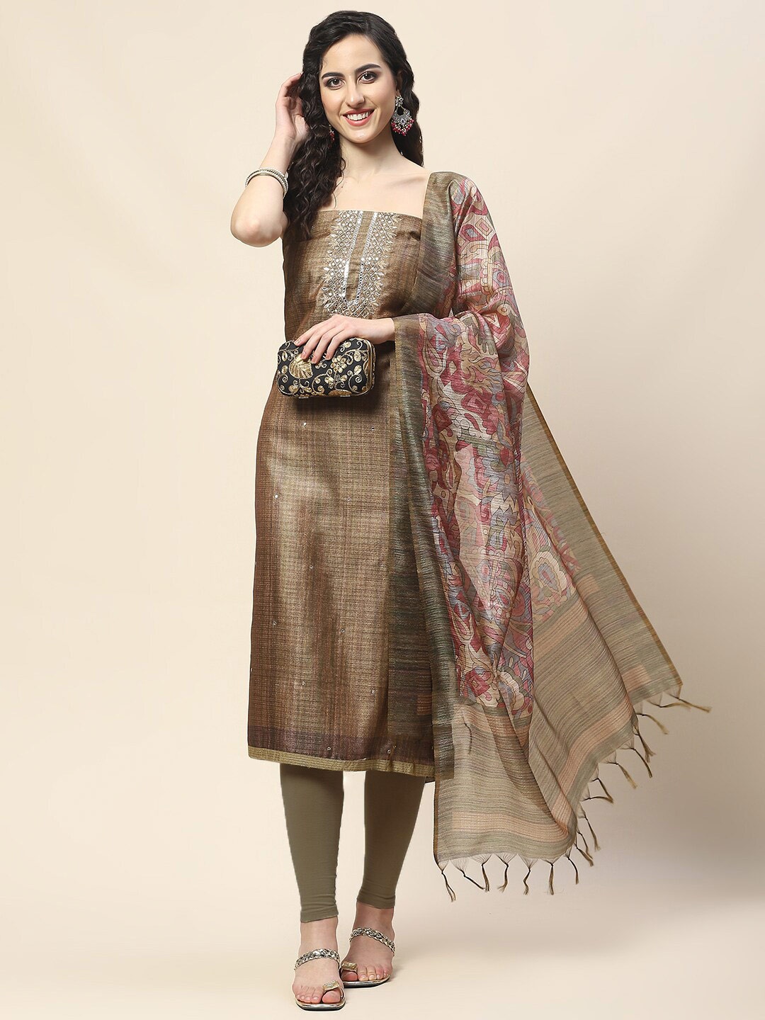 

Meena Bazaar Printed Unstitched Dress Material, Brown