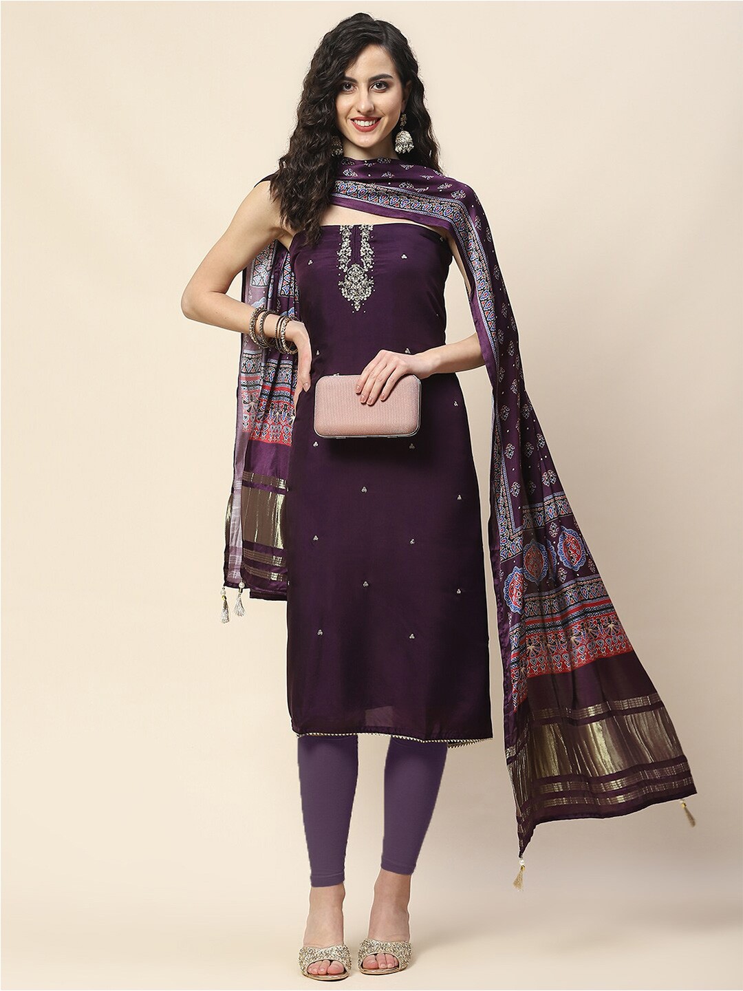 

Meena Bazaar Embroidered Art Silk Unstitched Dress Material, Purple