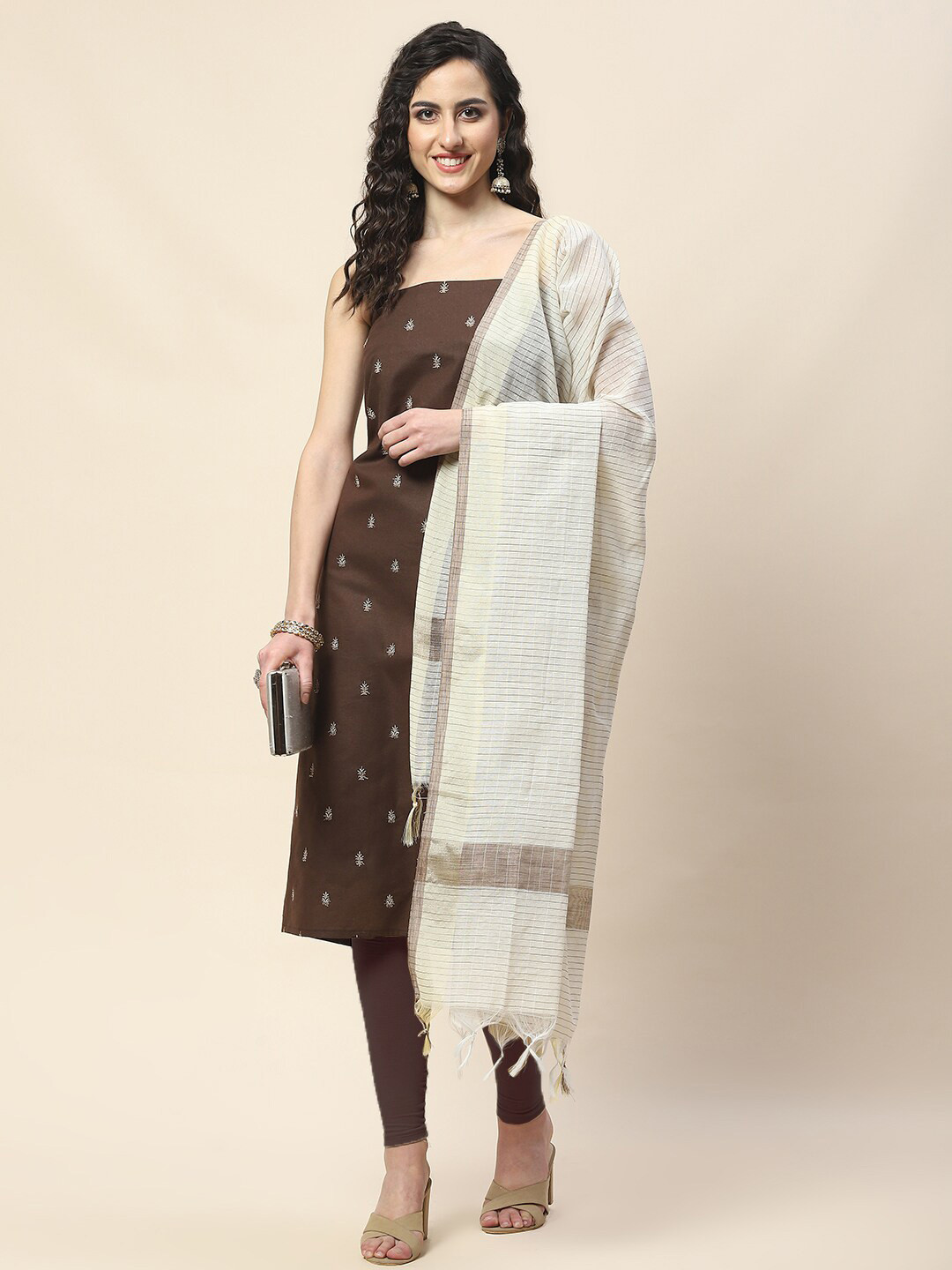 

Meena Bazaar Ethnic Motifs Printed Unstitched Dress Material, Brown