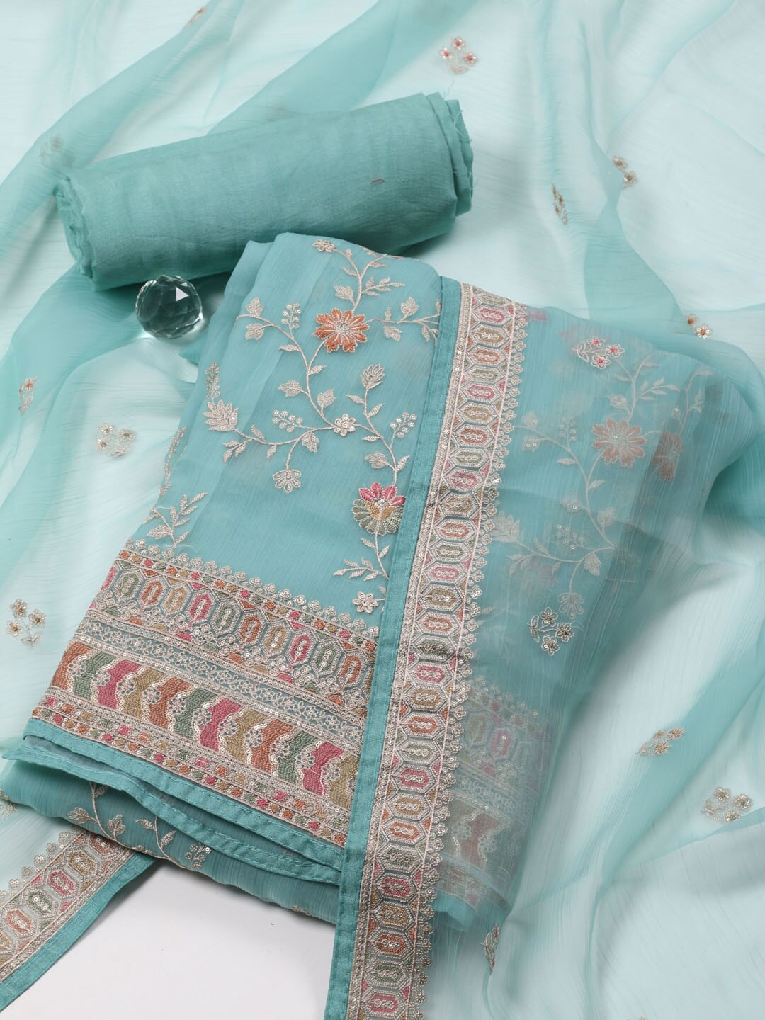 

Meena Bazaar Embroidered Organza Unstitched Dress Material, Sea green
