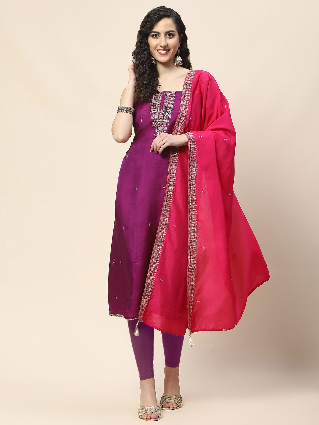 

Meena Bazaar Embroidered Art Silk Unstitched Dress Material, Purple
