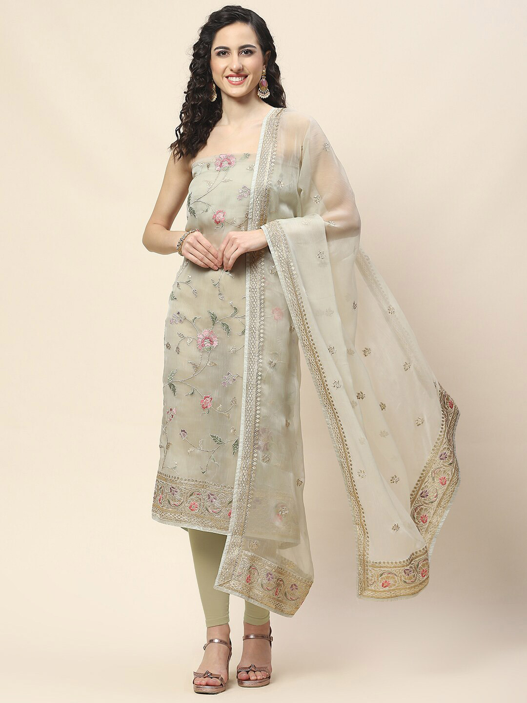 

Meena Bazaar Floral Embroidered Organza Unstitched Dress Material, Green
