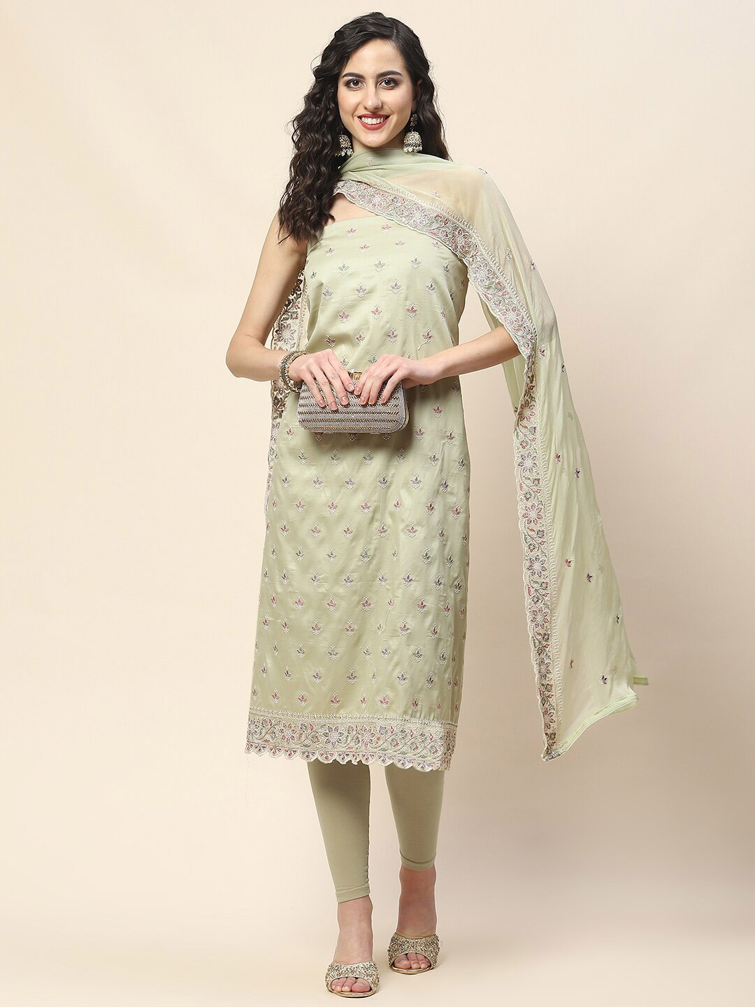 

Meena Bazaar Floral Embroidered Unstitched Dress Material, Green