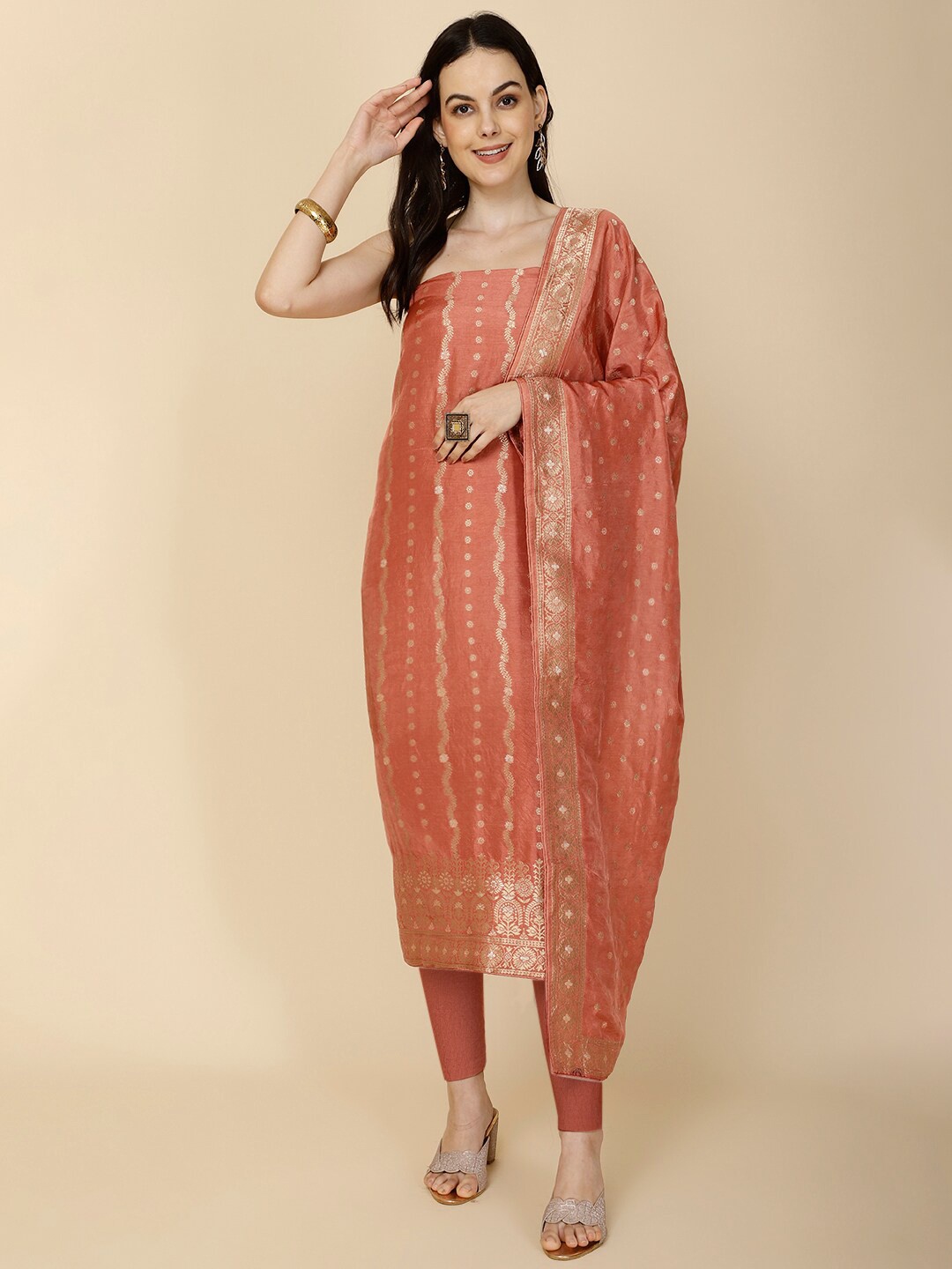 

Meena Bazaar Art Silk Unstitched Dress Material, Rust