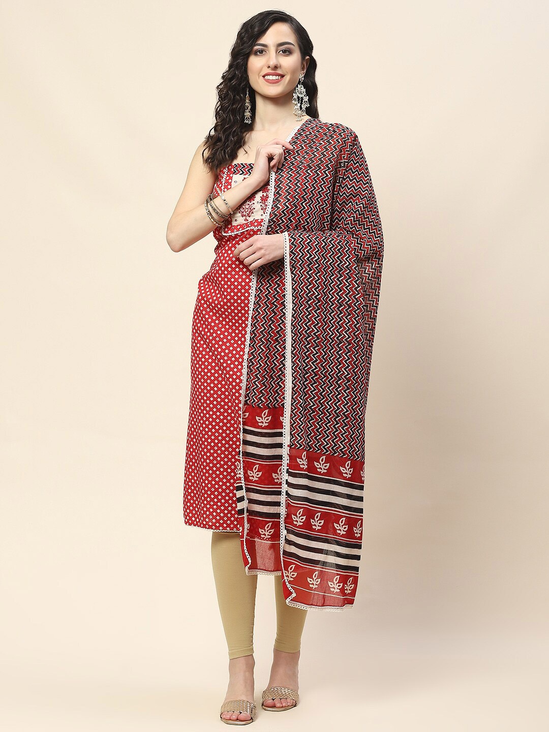 

Meena Bazaar Geometric Printed Unstitched Dress Material, Red