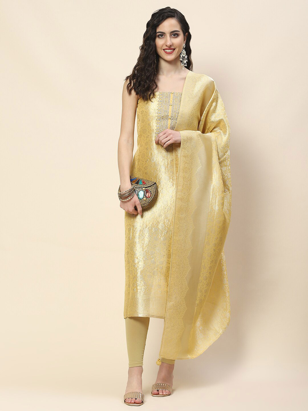 

Meena Bazaar Floral Woven Design Art Silk Unstitched Dress Material, Yellow