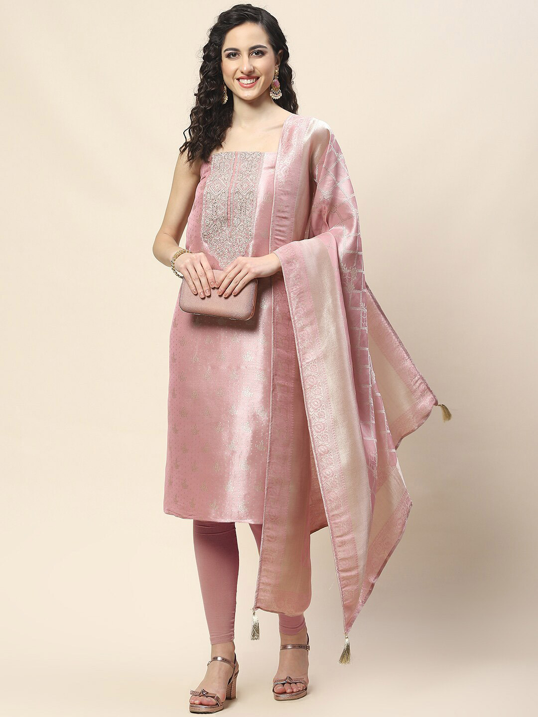 

Meena Bazaar Ethnic Motifs Woven Design Sequinned Unstitched Dress Material, Pink
