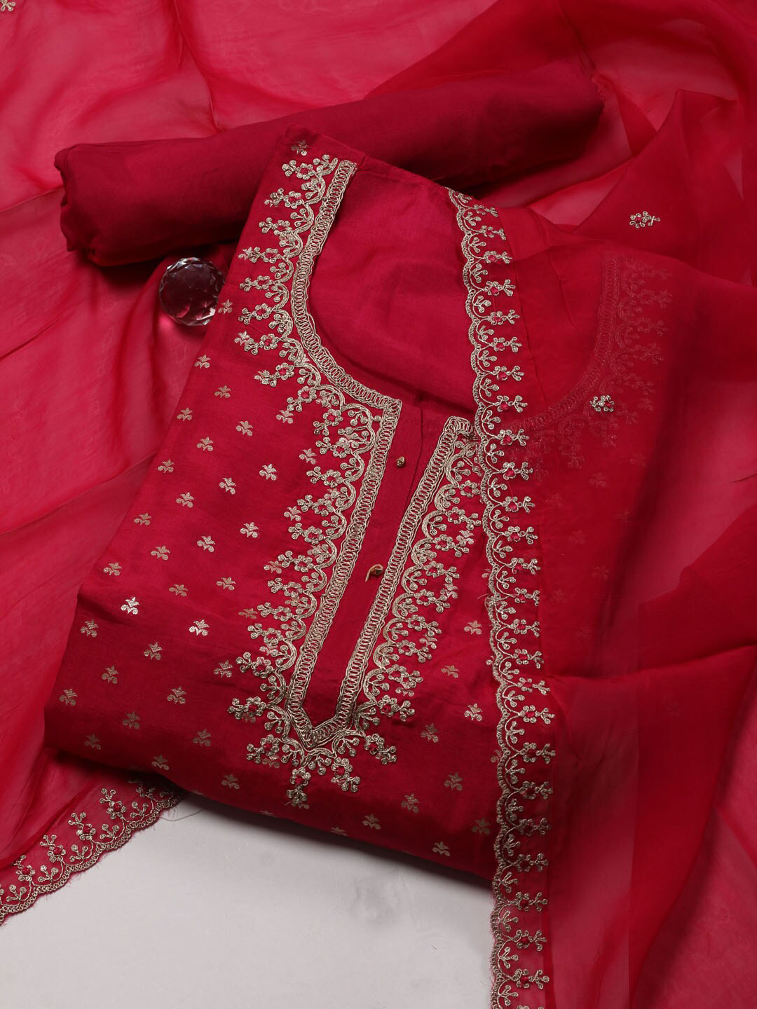 

Meena Bazaar Ethnic Motifs Embroidered Unstitched Dress Material, Pink