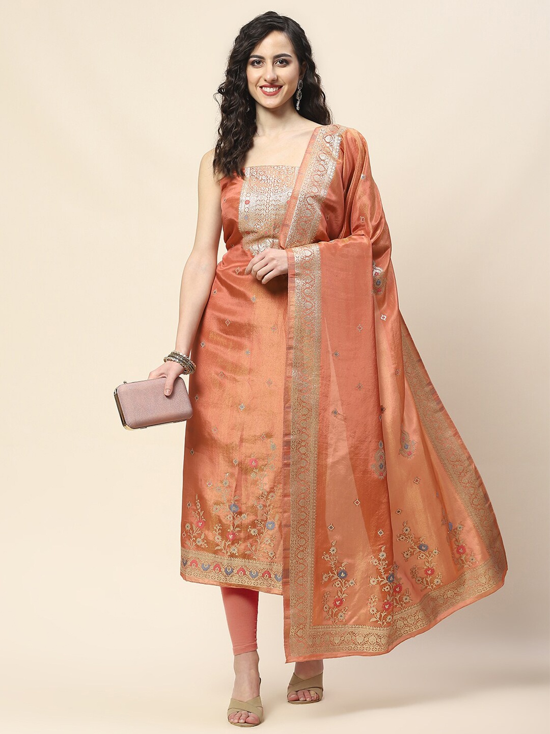 

Meena Bazaar Ethnic Motifs Woven Design Tissue Unstitched Dress Material, Rust