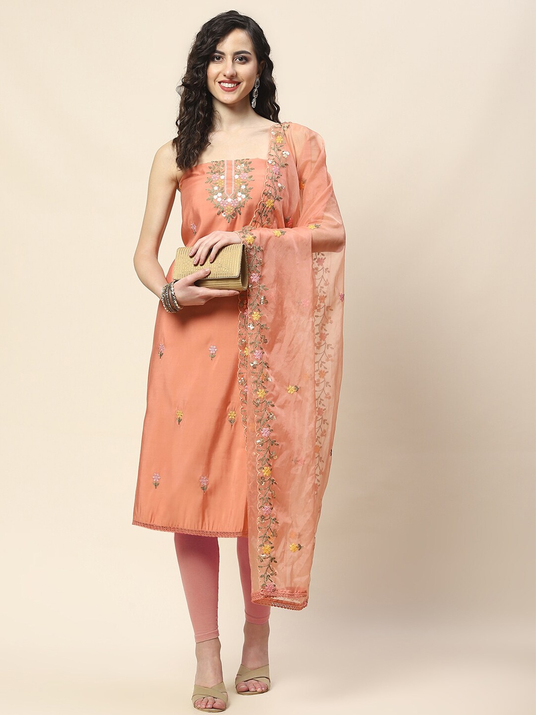 

Meena Bazaar Floral Embroidered Art Silk Unstitched Dress Material, Peach