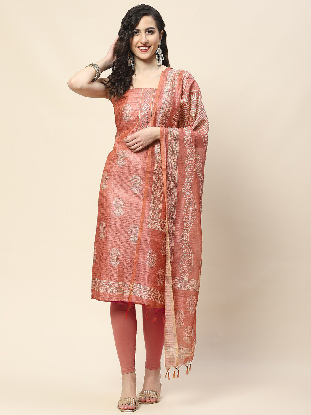 

Meena Bazaar Printed Art Silk Unstitched Dress Material, Peach