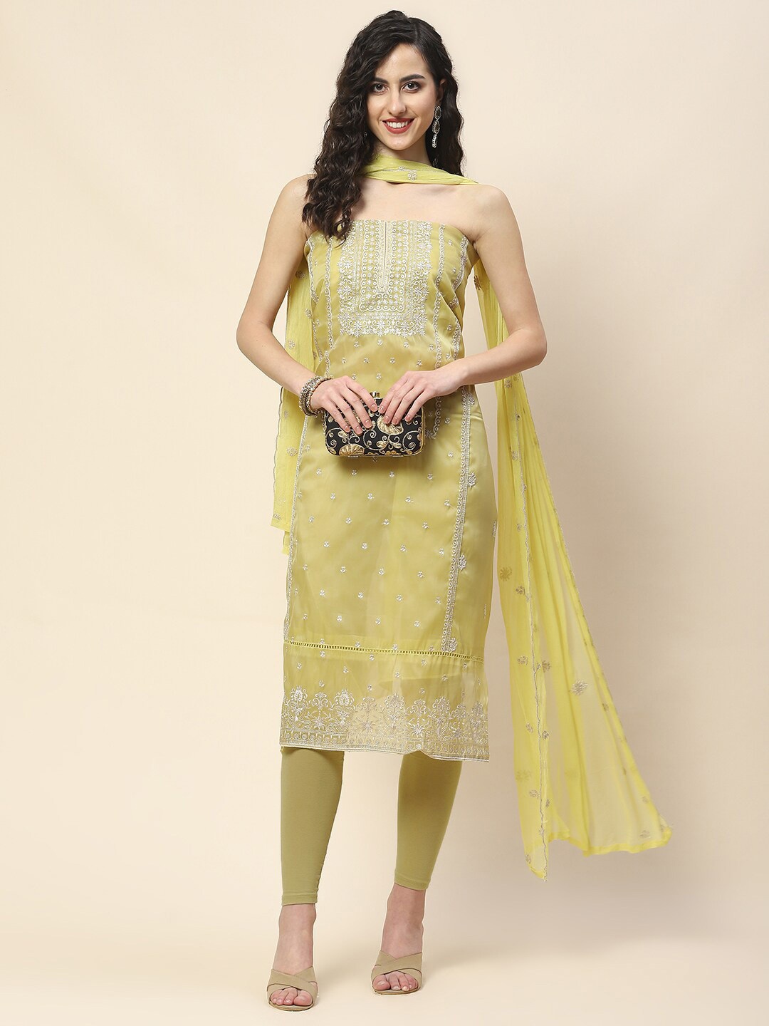 

Meena Bazaar Embroidered Organza Unstitched Dress Material, Lime green