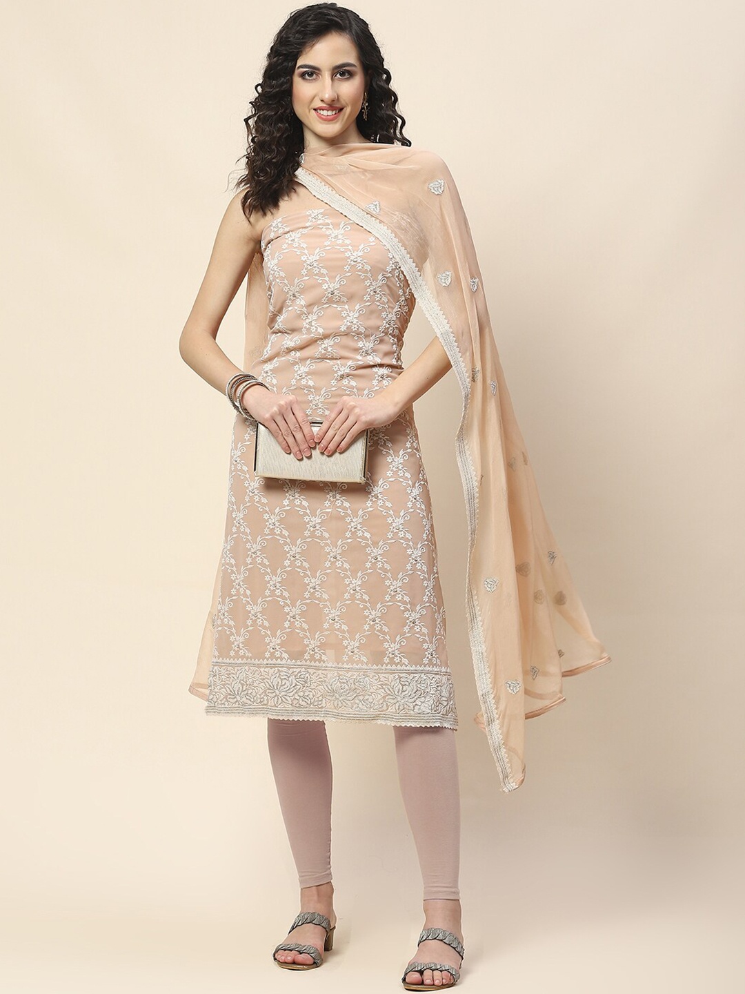 

Meena Bazaar Floral Embroidered Unstitched Dress Material, Peach