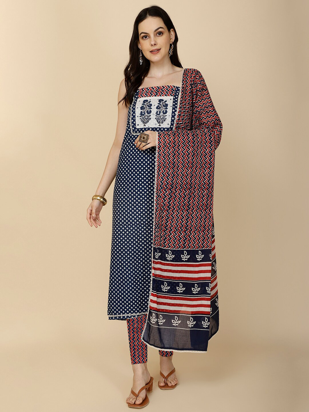 

Meena Bazaar Ethnic Motifs Printed Mirror Work Unstitched Dress Material, Blue