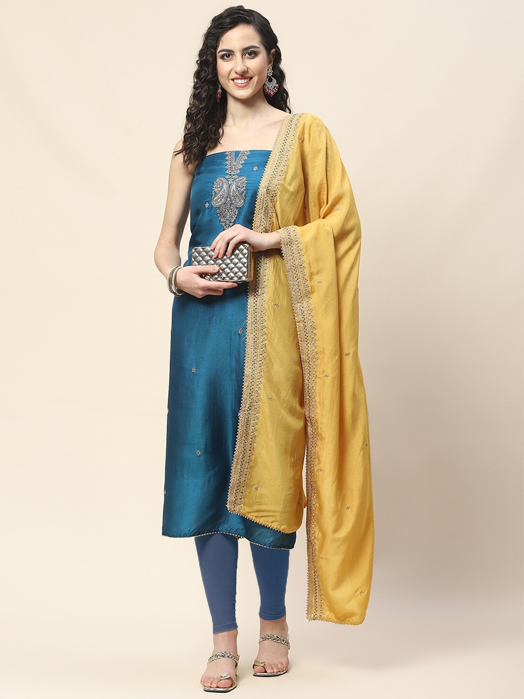 

Meena Bazaar Embroidered Art Silk Unstitched Dress Material, Blue