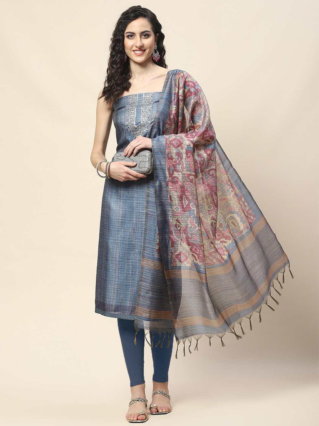 

Meena Bazaar Floral Printed Unstitched Dress Material, Grey
