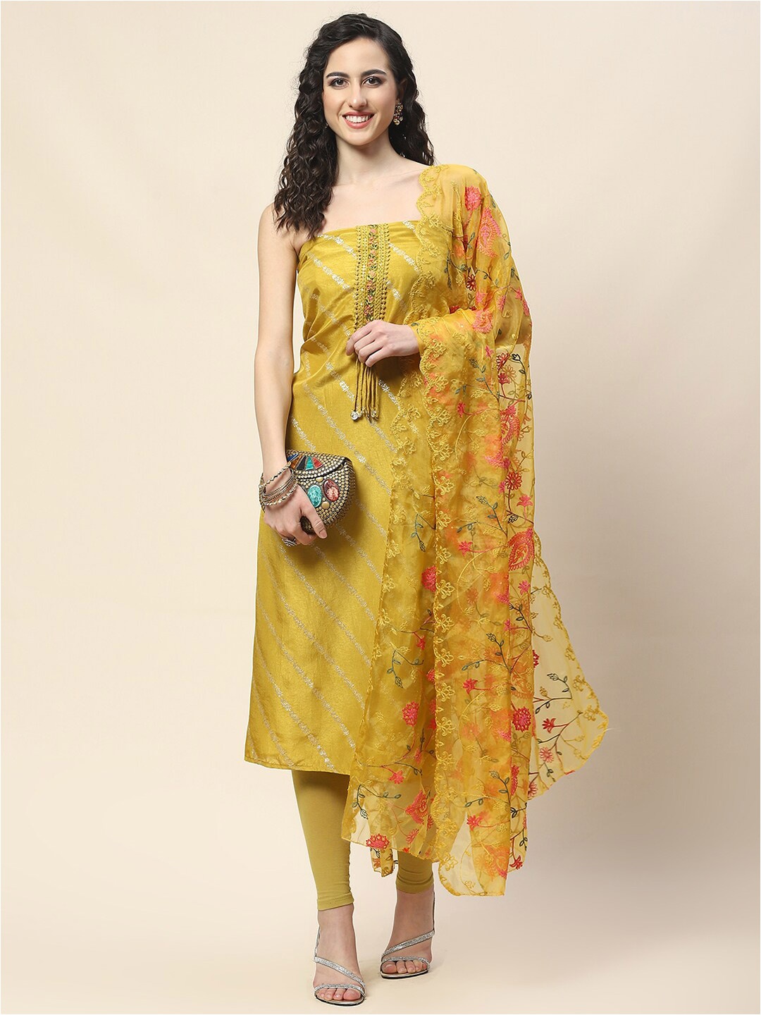 

Meena Bazaar Ethnic Motifs Woven Design Unstitched Dress Material, Yellow