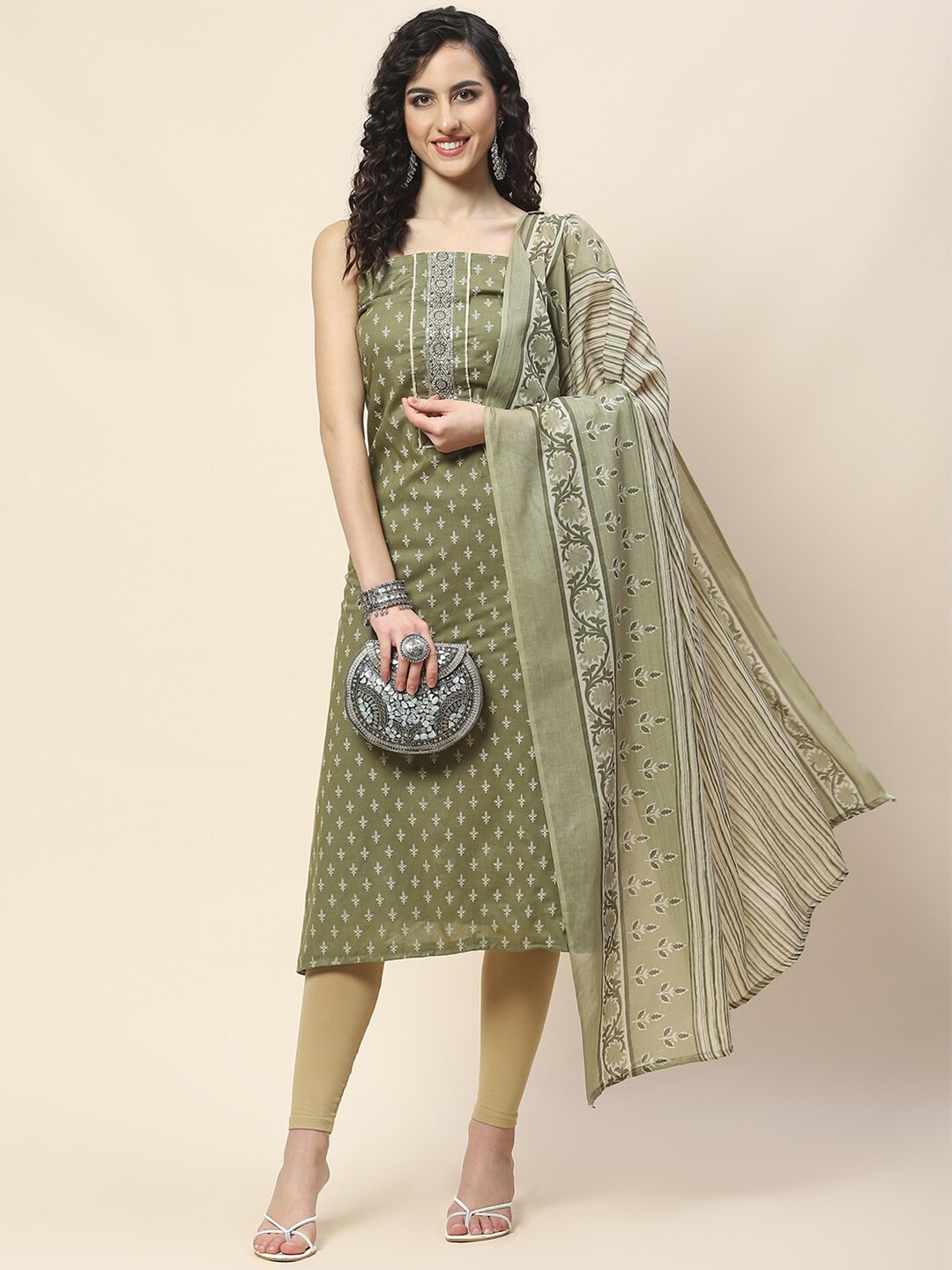 

Meena Bazaar Printed Unstitched Dress Material, Green