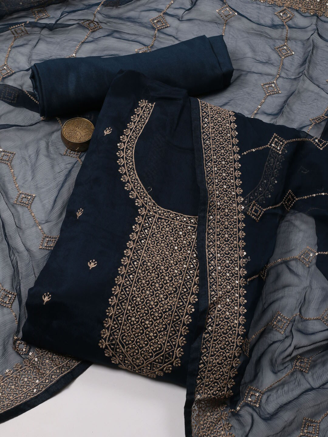 

Meena Bazaar Floral Embroidered Unstitched Dress Material, Navy blue