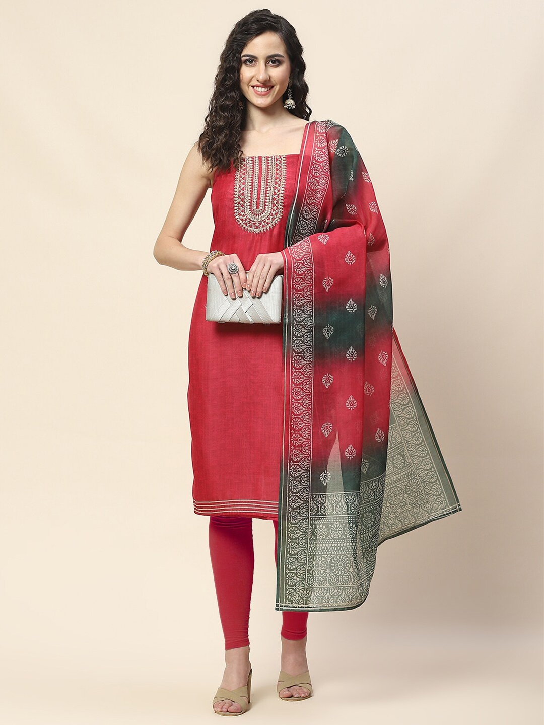 

Meena Bazaar Printed Art Silk Unstitched Dress Material, Red