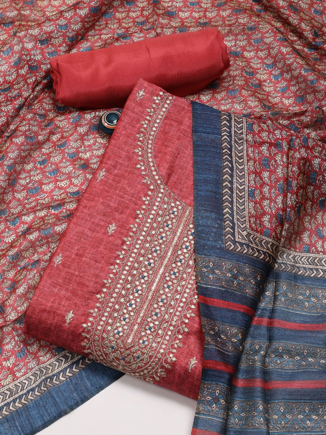 

Meena Bazaar Printed Unstitched Dress Material, Red