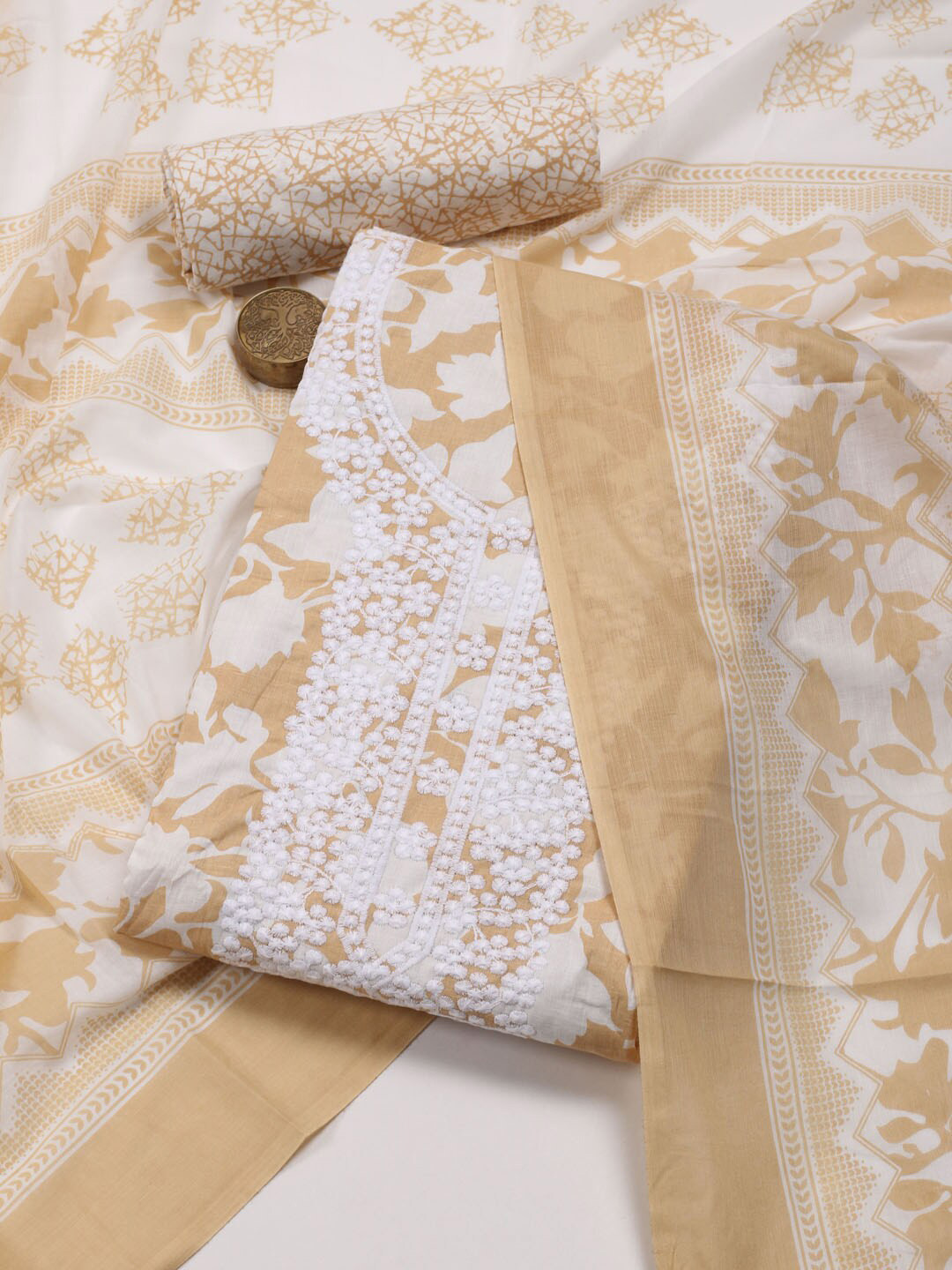 

Meena Bazaar Floral Printed Unstitched Dress Material, Beige