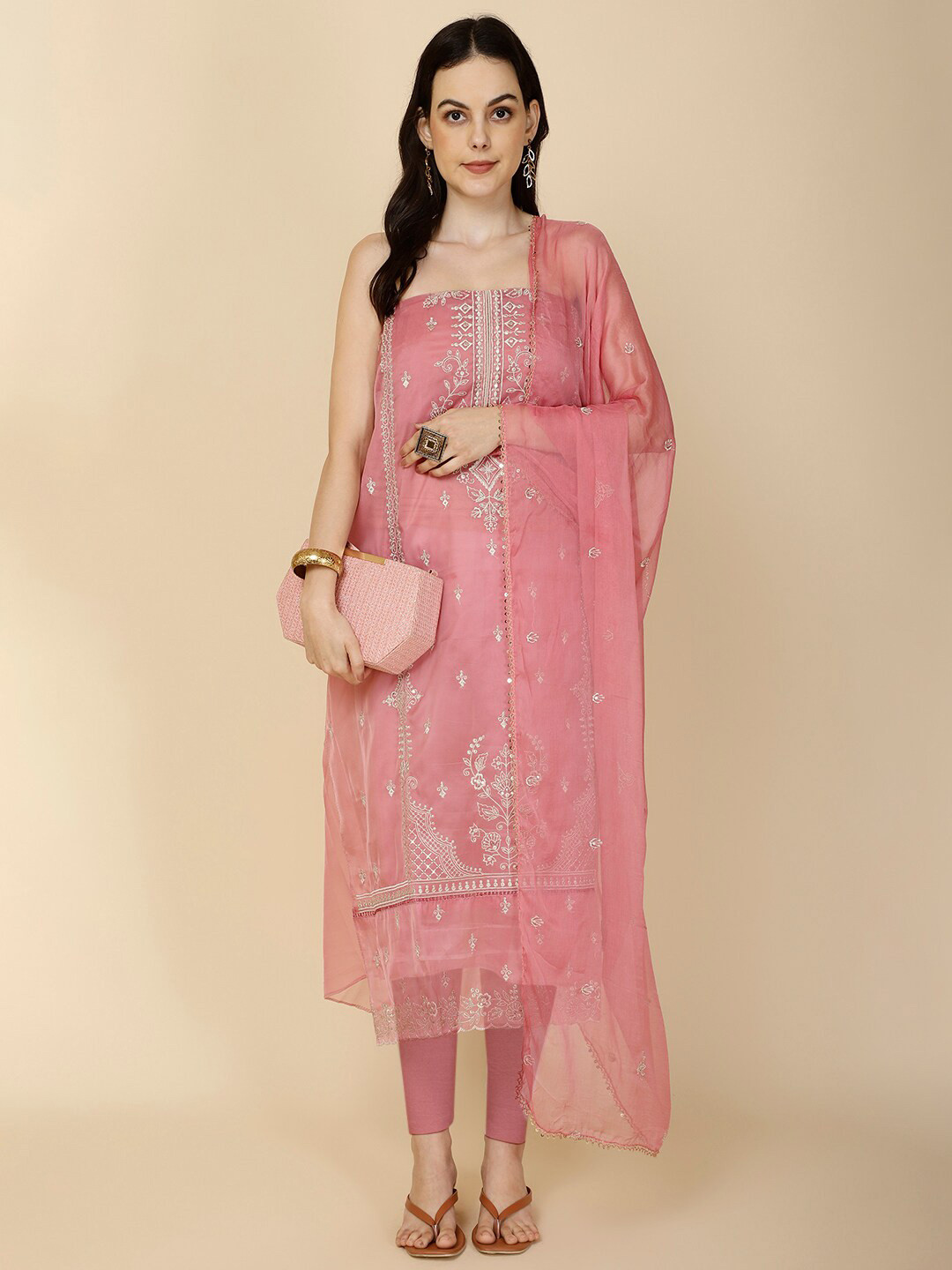

Meena Bazaar Ethnic Motifs Embroidered Sequinned Unstitched Dress Material, Pink