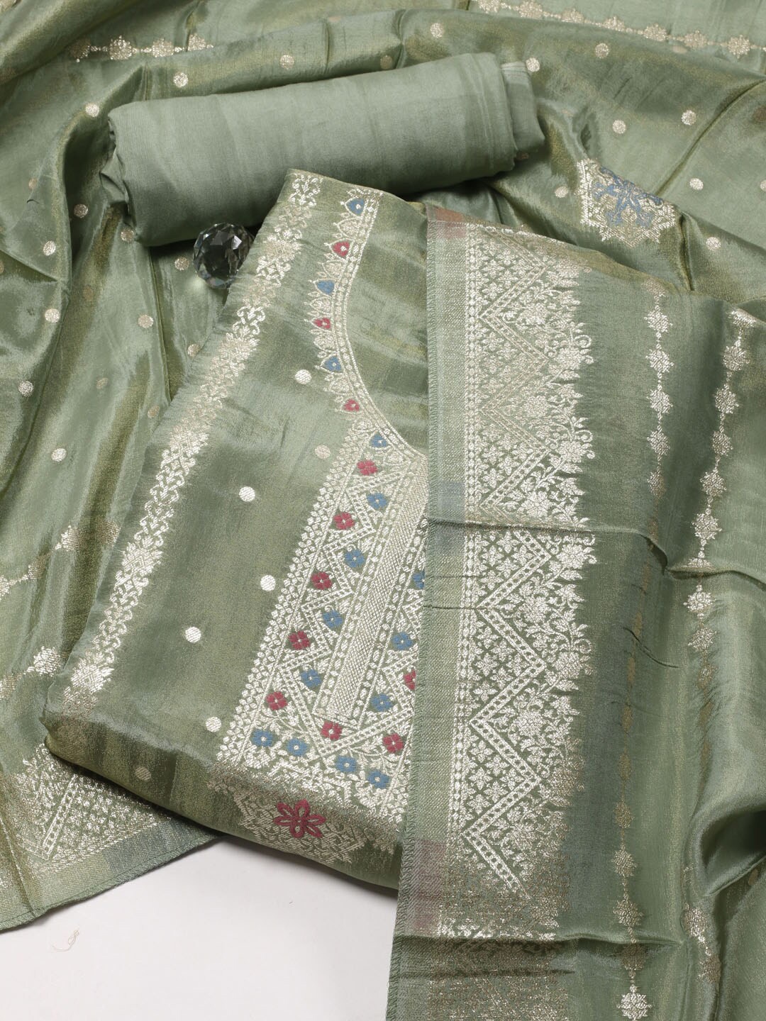 

Meena Bazaar Ethnic Motifs Woven Design Zari Tissue Unstitched Dress Material, Green