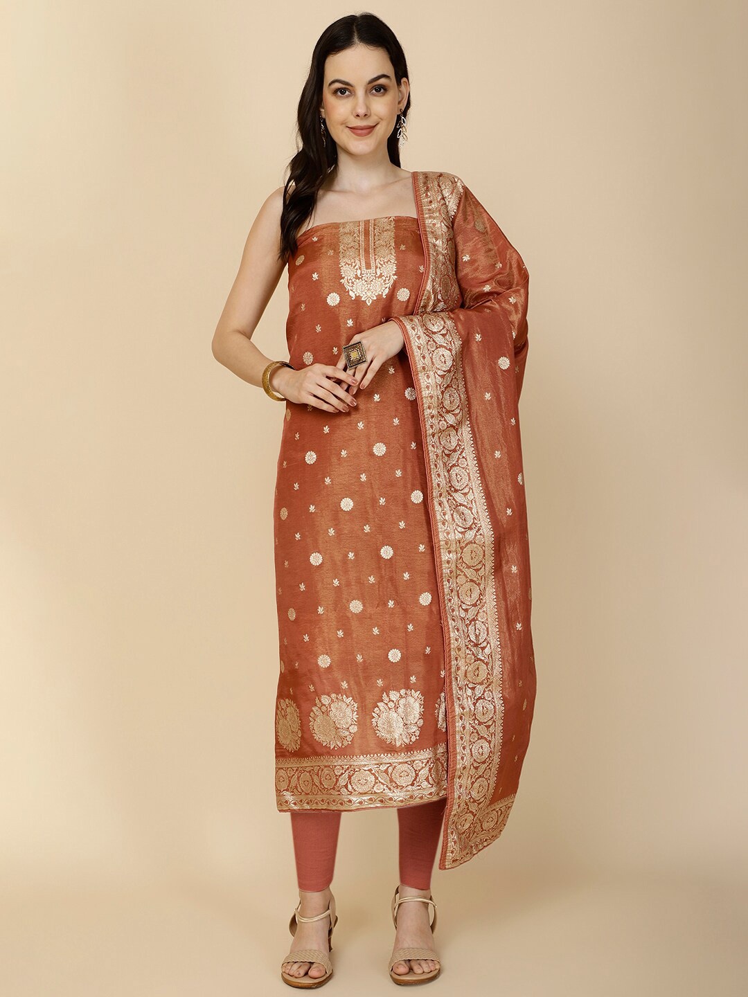 

Meena Bazaar Unstitched Dress Material, Rust
