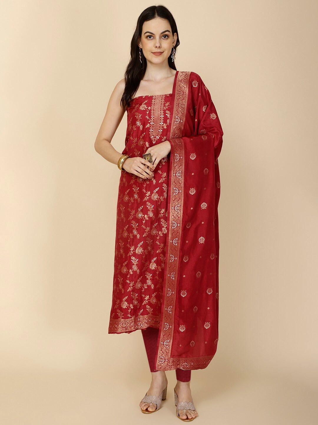 

Meena Bazaar Floral Woven Design Art Silk Unstitched Dress Material, Maroon