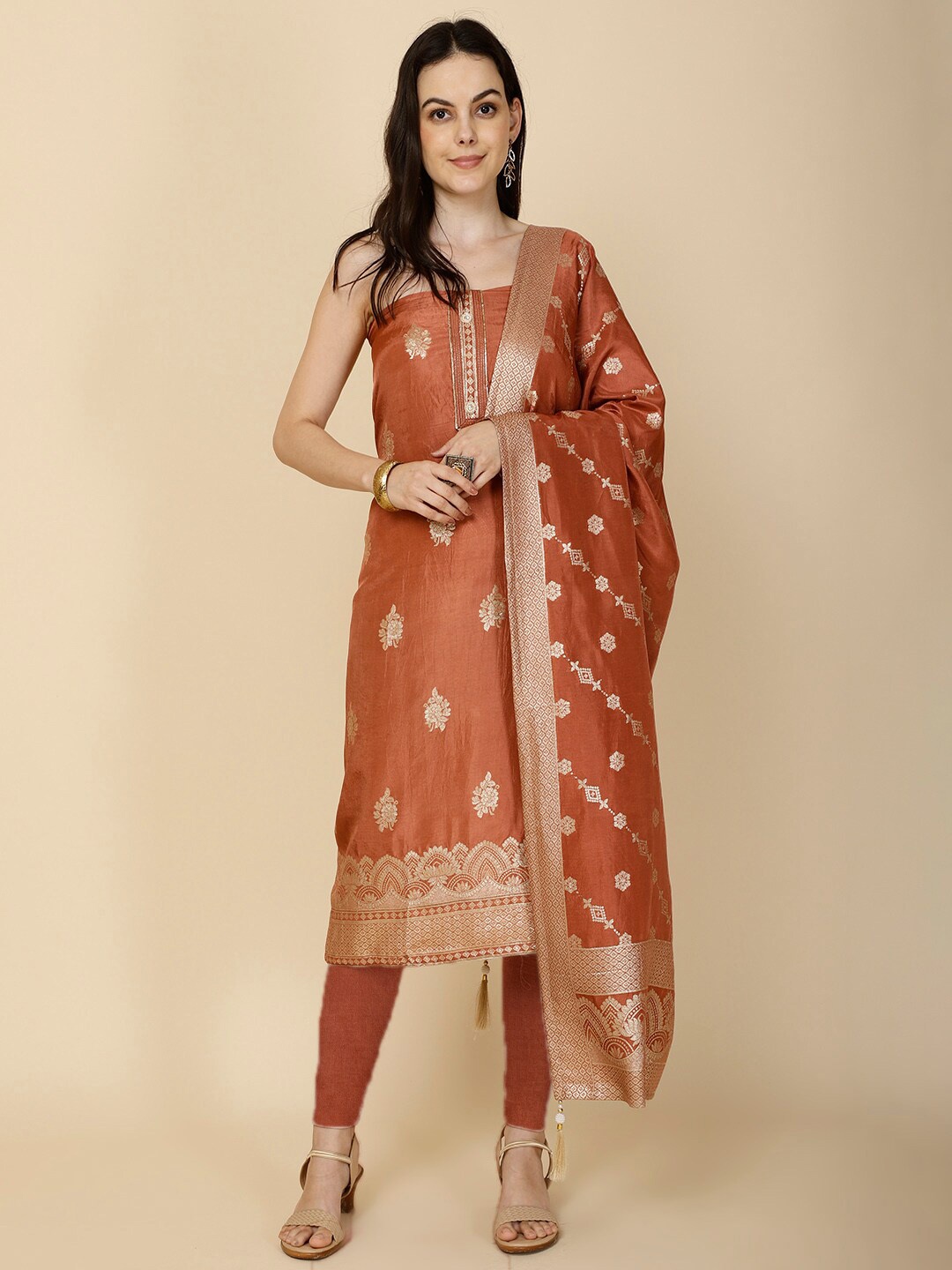 

Meena Bazaar Floral Woven Design Art Silk Unstitched Dress Material, Rust