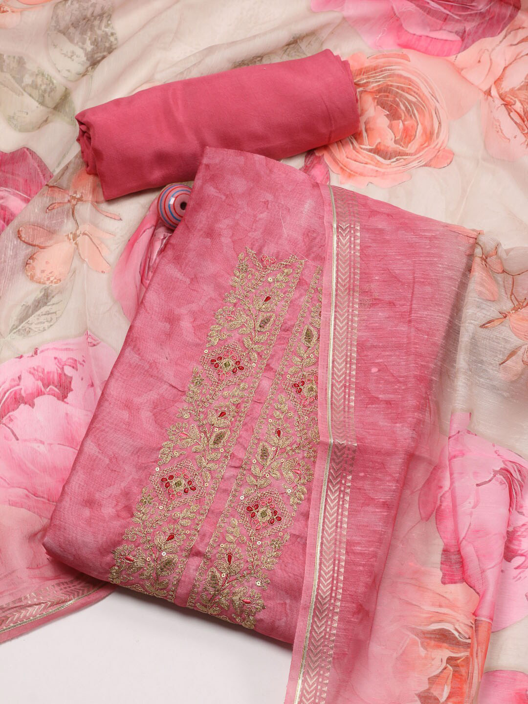 

Meena Bazaar Abstract Printed Sequinned Unstitched Dress Material, Pink