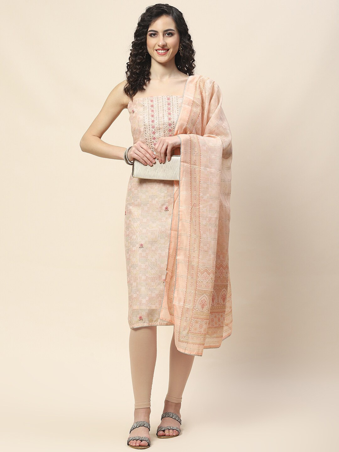 

Meena Bazaar Floral Printed Sequinned Unstitched Dress Material, Peach