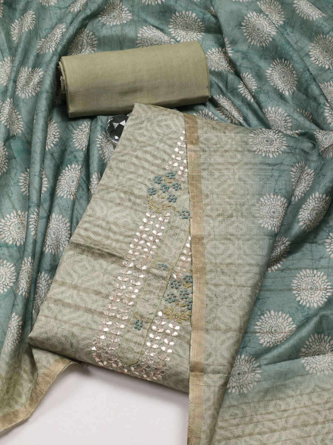 

Meena Bazaar Ethnic Motifs Printed Unstitched Dress Material, Green