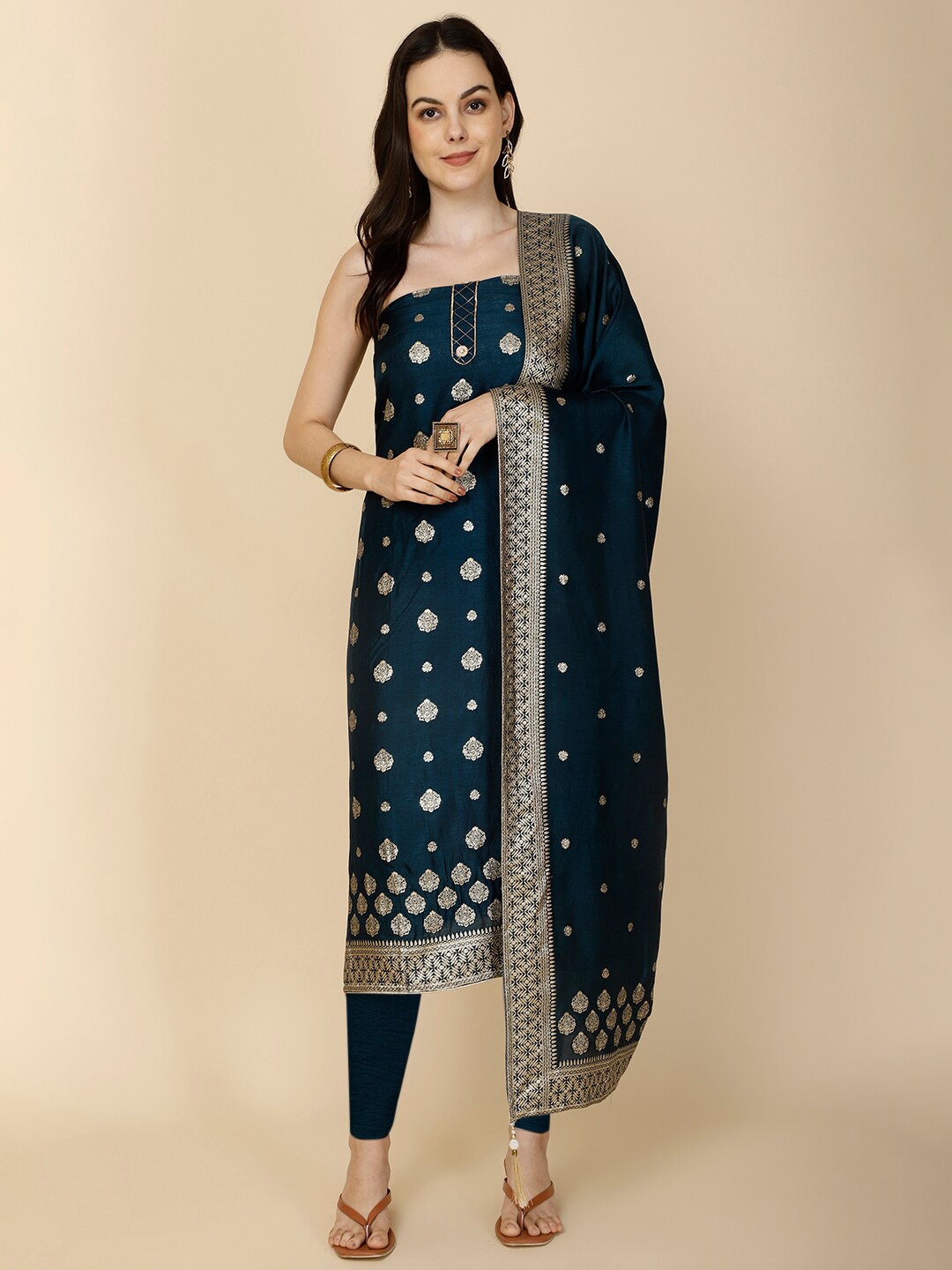 

Meena Bazaar Art Silk Unstitched Dress Material, Blue