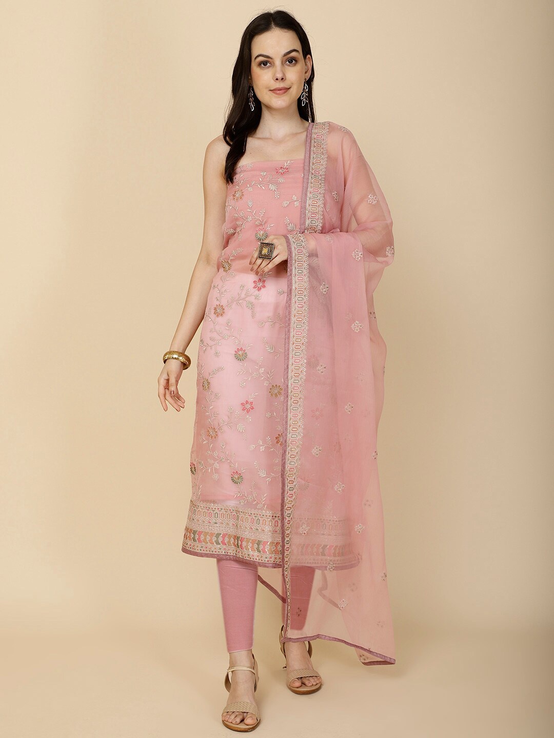 

Meena Bazaar Floral Embroidered Sequinned Organza Unstitched Dress Material, Pink