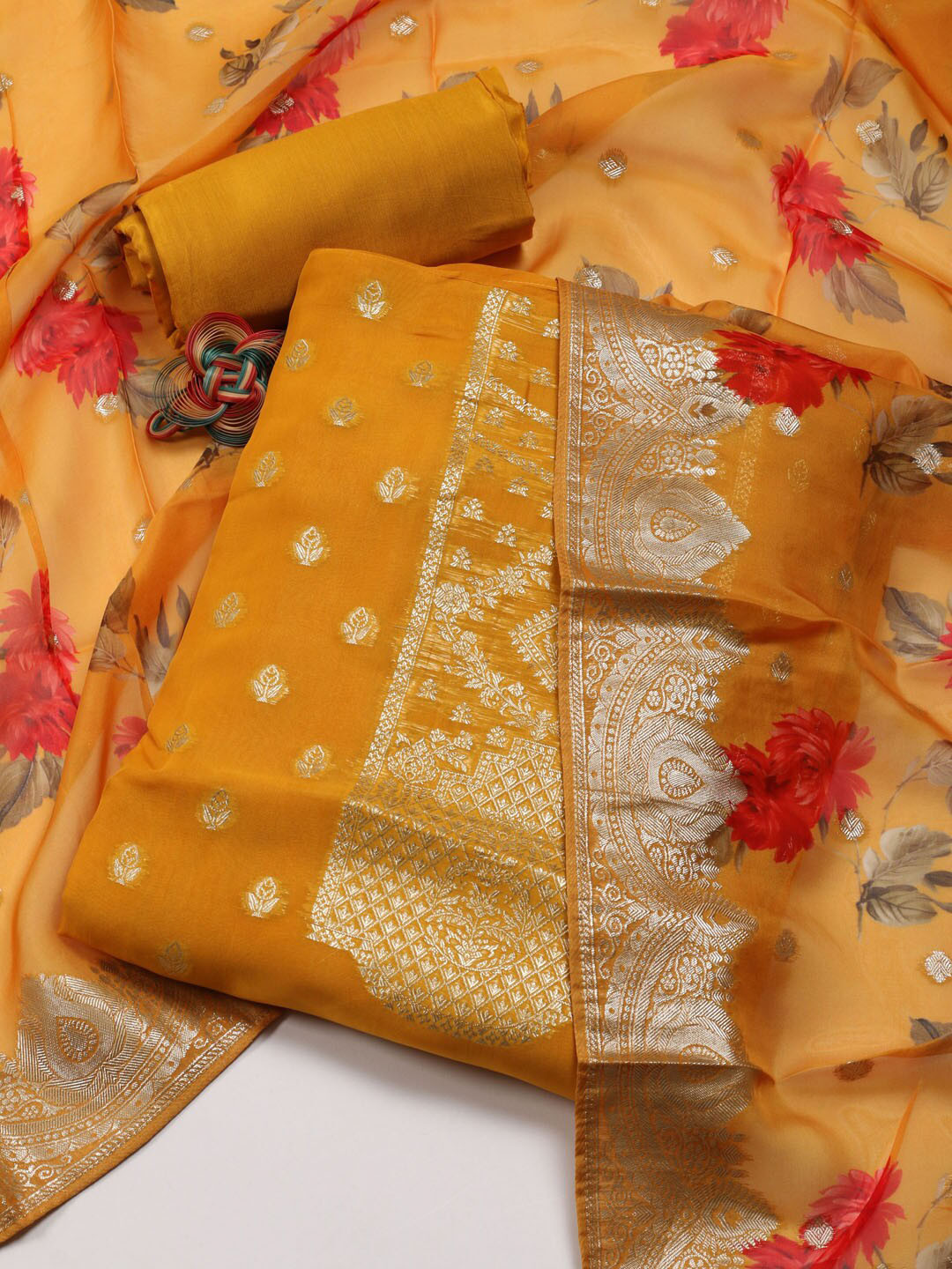 

Meena Bazaar Organza Unstitched Dress Material, Mustard