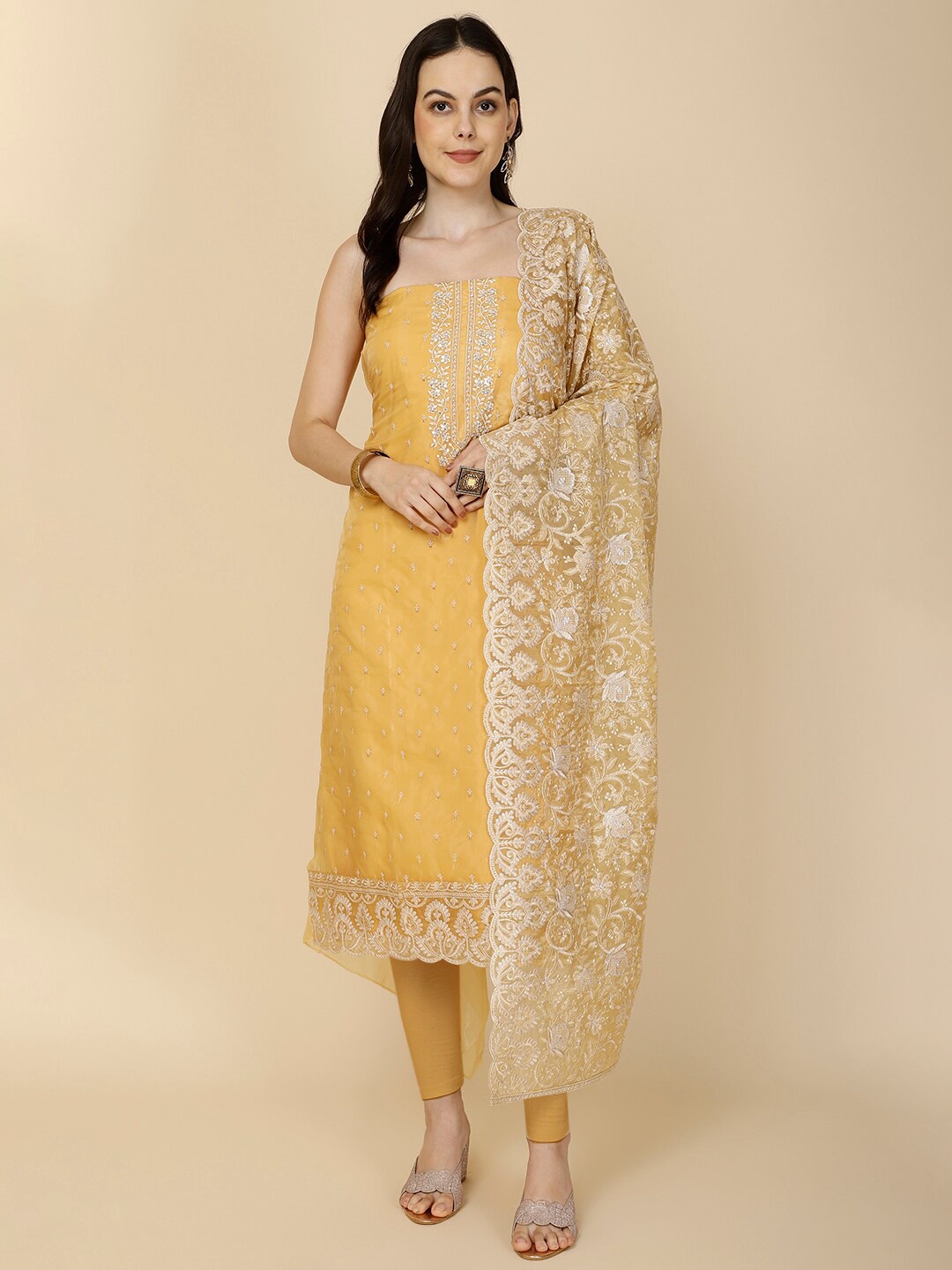 

Meena Bazaar Floral Embroidered Organza Unstitched Dress Material, Yellow